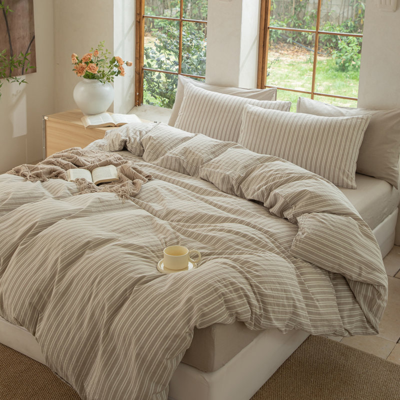 DONEUS Striped Duvet Cover Set 100% Washed Cotton Linen Like Soft Feelling Breathable Bedding, Beige/White