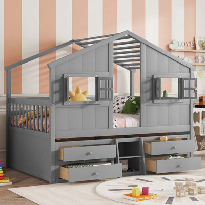 Ahleah Full Solid Wood House Loft Bed with Storage Drawers and Safety Guardrails
