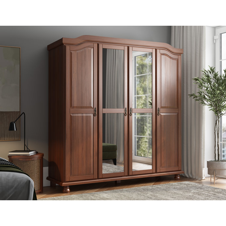 Kyle 100% Solid Wood 4-door Wardrobe Armoire with Mirrored Doors