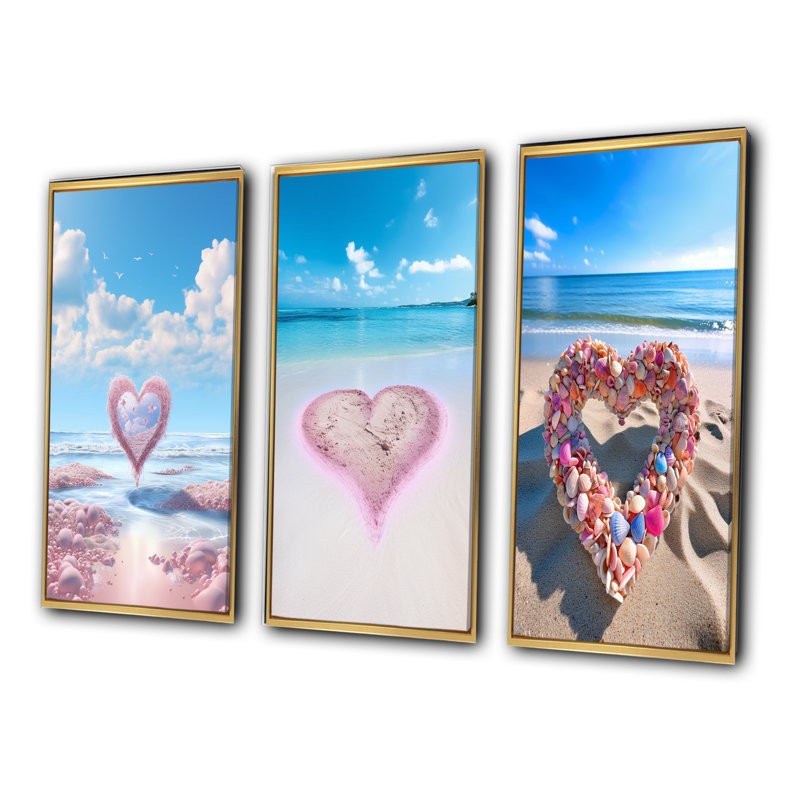 «Glorious Pink Heart On Tropical Beach I», 3 pièces sur toile, Cadre flottant doré, H 40 po x l 60 po
