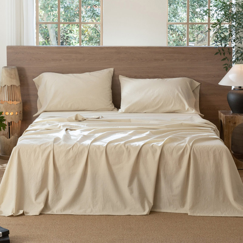 Drap plat 100% coton lavé MooMee, Lait d'amande, gris, Drap plat grand