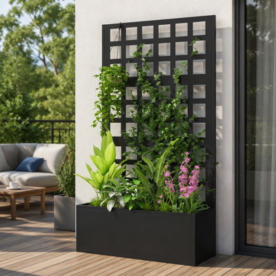Raised Garden Bed with Trellis, Galvanized Metal Planter Box with Drainage Holes, Outdoor Privacy Screen for Climbing Plants, Vegetable, Vines