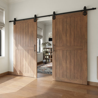 Ensemble de quincaillerie de porte de grange coulissante noire non-by-pass, pour porte double, rouleau à flamme, robuste, pour usage intérieur seulement (porte non incluse)