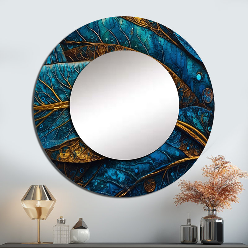 «Rahab Blue and Gold Melody Of Boho I», miroir décoratif en plumes Boho, miroir mural traditionnel, impression d'art en métal