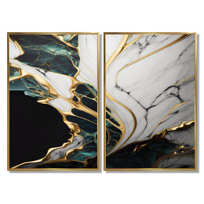 Abstract Geode Gold And Green Marble - Abstract Marble Canvas Art, Green Abstract Wall Art 2 Piece