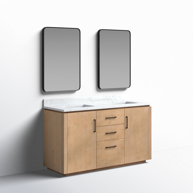 Meuble-lavabo double 60 po avec plateau en pierre composite et miroir Cloverfield, Bois de sapin brun, Noir mat