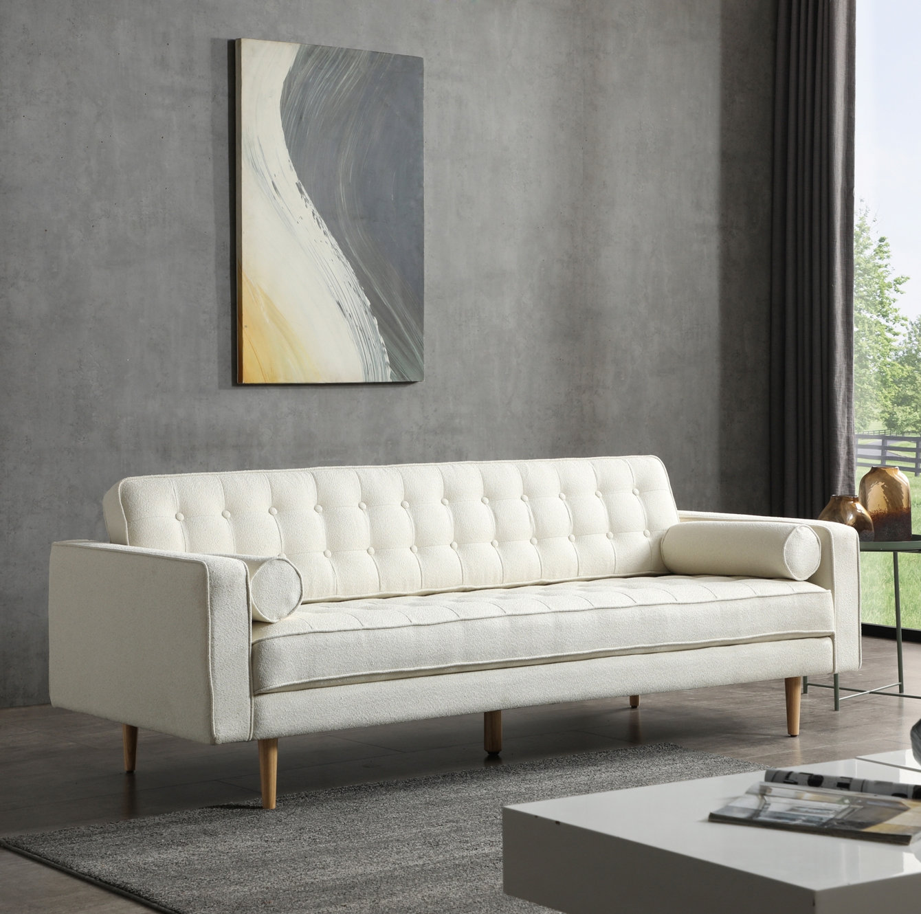 Geo 85'' Upholstered Sofa, White Boucle