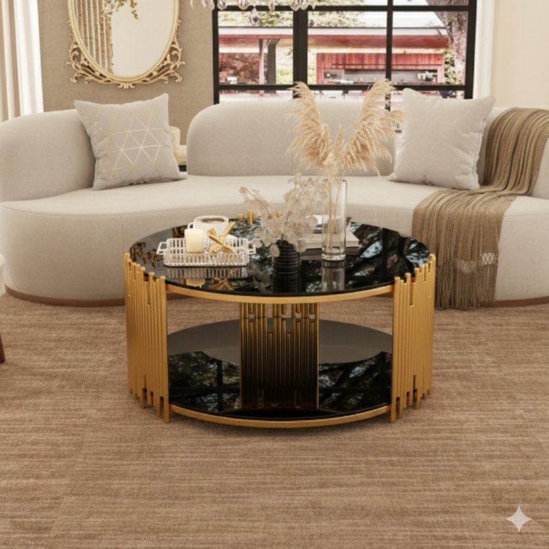 Table basse contemporaine de style contemporain minimaliste de luxe avec une structure en acier inoxydable et une surface en verre trempé noir, idéale pour le salon.