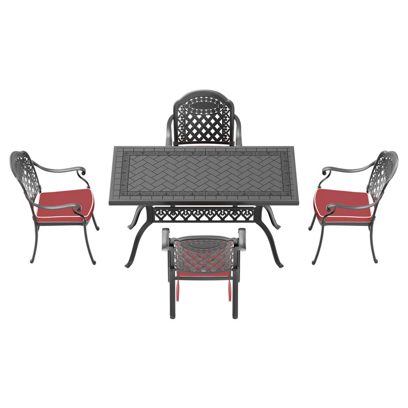 Ensemble de 5 meubles de patio en aluminium coulé avec cadre noir et coussins de siège rouges