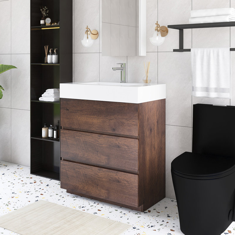 Meuble-lavabo simple autoportant de 30 po avec plateau en résine, Brun