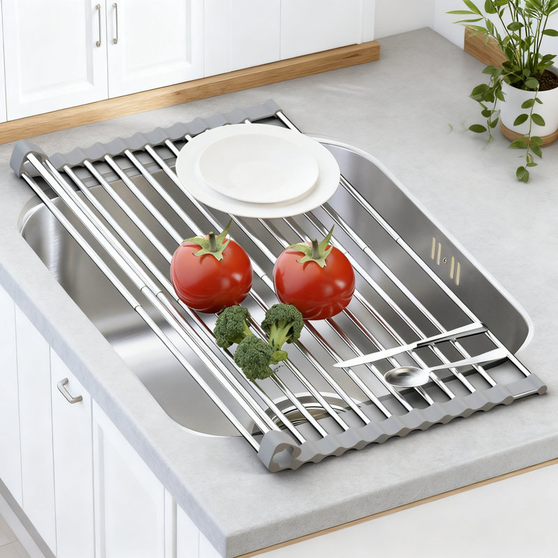Égouttoir à vaisselle au-dessus de l'évier, égouttoir à vaisselle pliable en acier inoxydable avec résistance à la chaleur, organisateur de cuisine peu encombrant pour les comptoirs
