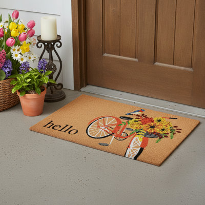 24" X 36" Brown And Orange Bicycle Floral Hello Outdoor Coir Door Mat