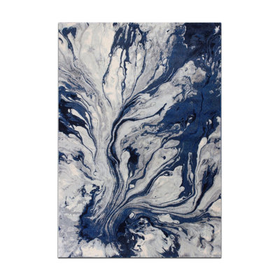 Navy Gray Ebru Theme Abstract Decorative Woven Base Washable Rug