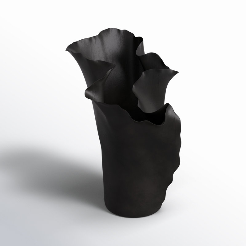 Black Ceramic Abstract Floral Inspired Decorative Vase with Wavy Folded Rim, Black
