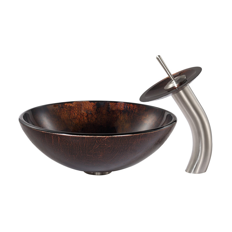 Glass Circular Vessel Bathroom Sink with Faucet, Satin Nickel