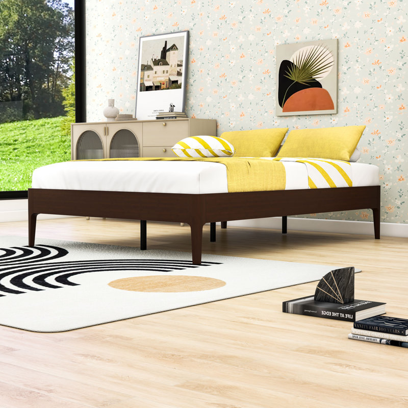 Base de lit plateforme en bois avec lattes, Chocolat, Lit double