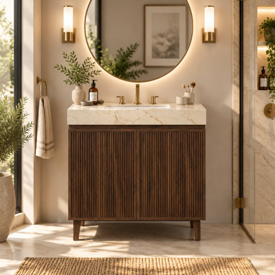 Meuble-lavabo autoportant de 91 cm (36 po), armoire cannelée en noyer, comptoir en pierre frittée couleur crème veinée or, lavabo encastré en céramique, 3 trous prépercés pour robinetterie