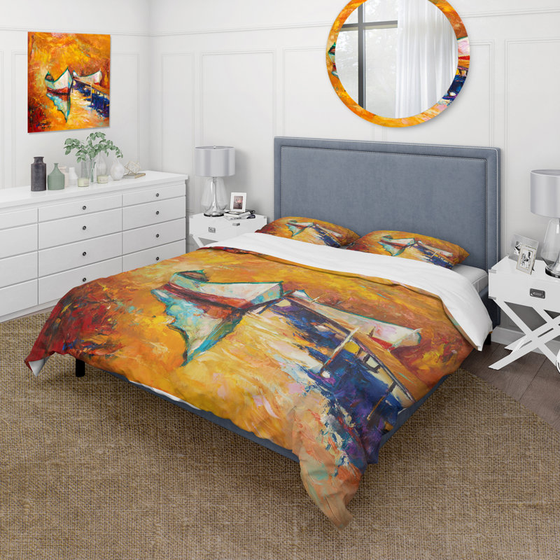 Petit bateau pendant un coucher de soleil chaud et orange - Ensemble de housse de couette nautique - Polyester en microfibre