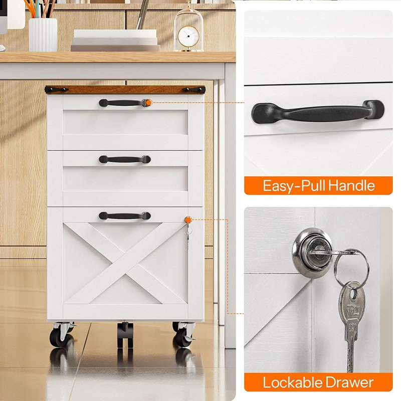 Classeur mobile 3 tiroirs avec serrure, support pour imprimante et organiseur de rangement de bureau, blanc et noyer