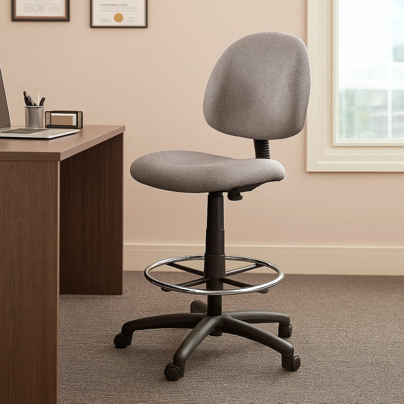 Jea Drafting Stool Chair, Gray Tweed, Contoured Back And Footring, Gray