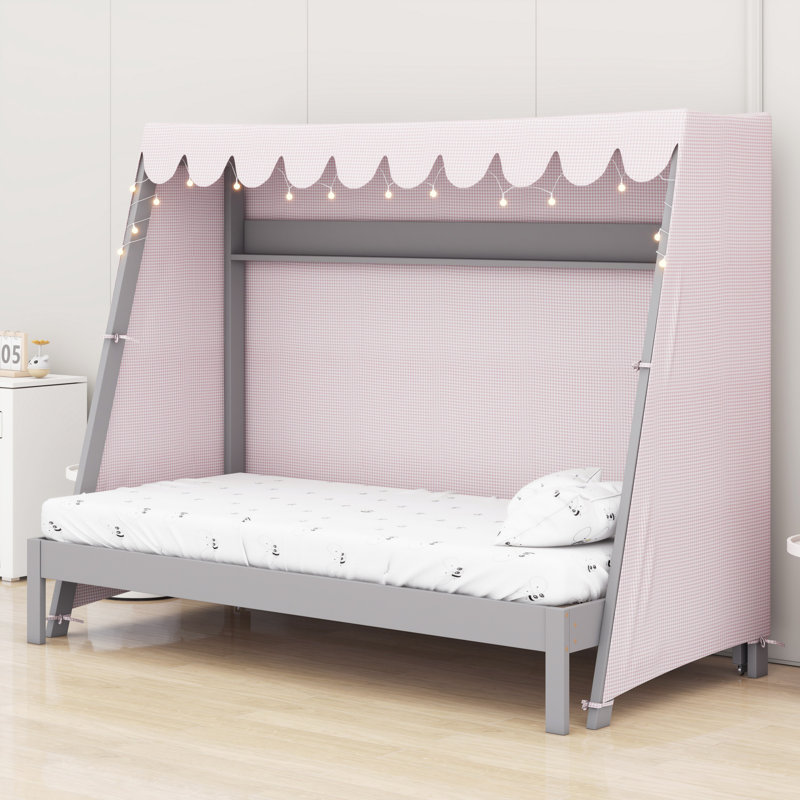 Lit de jeu avec lit gigogne, tente de jeu, tablette de rangement et lumière décorative, Gris