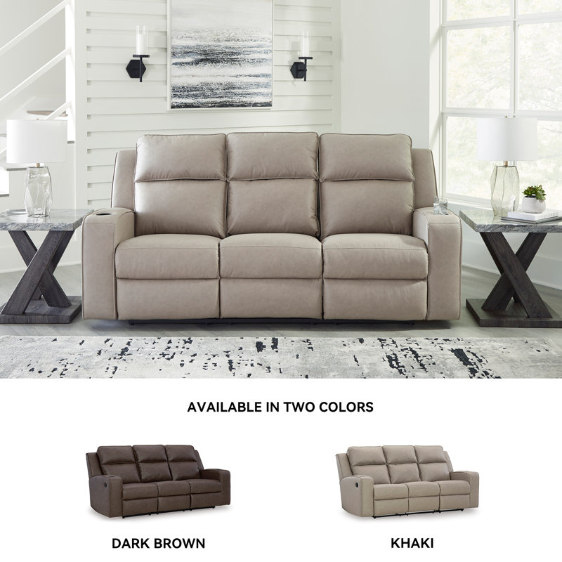 Stockley Reclining Sofa With Drop Down Table, Gray Faux Leather