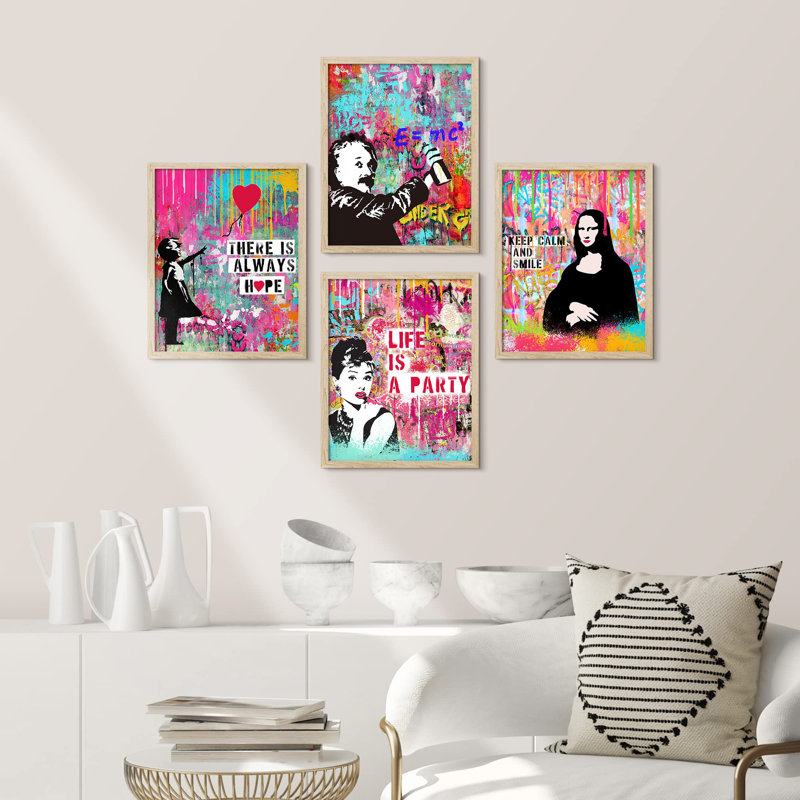 " Graffiti Street Art Banksy Style Mona Lisa Abstract " 4 - Pieces, Natural, 14" H x 11" W