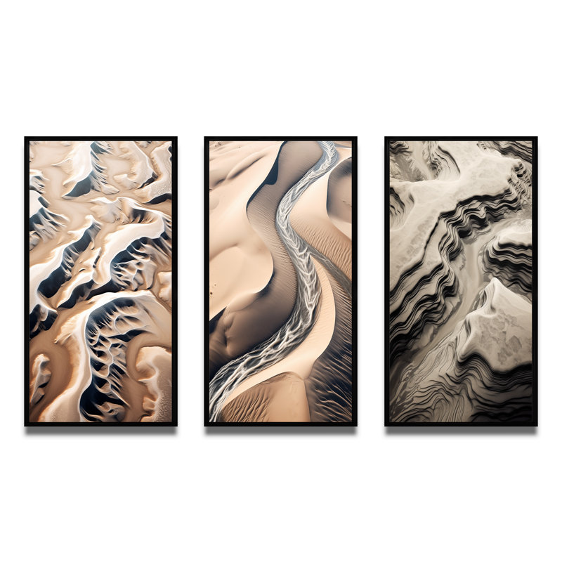 «Eernal Dunes Desert Rivers», 3 pièces, H 36 po x l 20 po, Cadre flottant noir