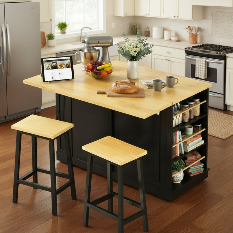 Black Three-Piece Kitchen Island Set With 2 Bar Stools + Power Outlet, Built-In Storage Shelves And Drawers, 5-Wheel Trolley With Folding Table, And 5 Side Shelves.