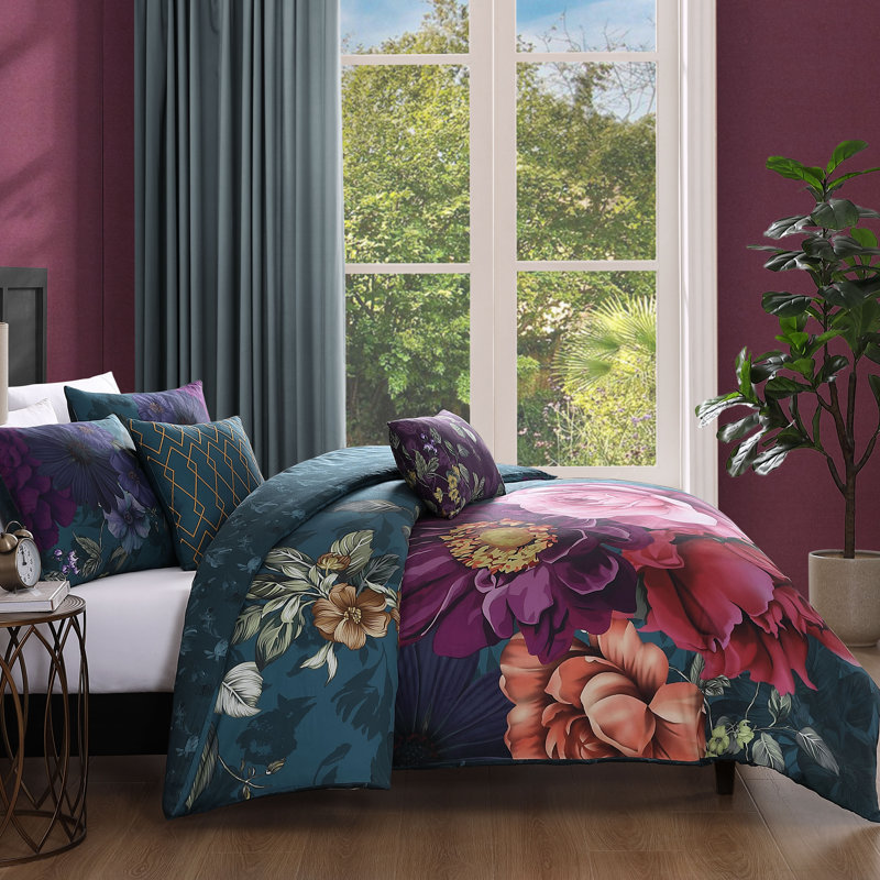 Bebejan Vibrant Flora 100% Cotton Sateen 5 Piece Reversible Comforter Set, Queen Comforter + 4 Additional Pieces