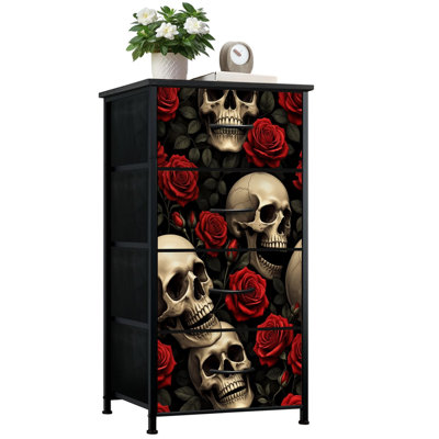 Commode pour chambre à coucher avec 4 tiroirs de rangement Crânes roses rouges Commodes noires Commode en tissu en acier pour chambre d'enfant