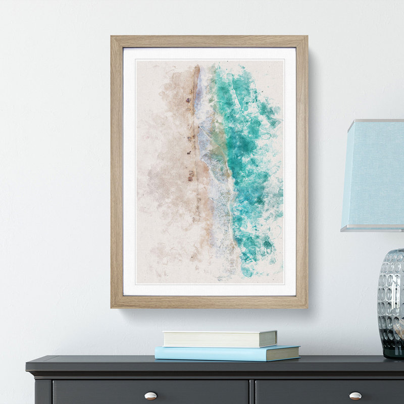 Cancun Beach In Mexico Watercolour - Picture Frame Graphic Art, 33cm H x 24cm W x 2cm D, Oak Framed