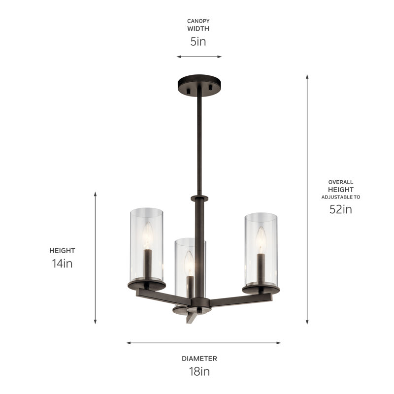 Lustre convertible en bronze 3 lumières avec abat-jour en verre transparent Dalleas, Bronze vieilli