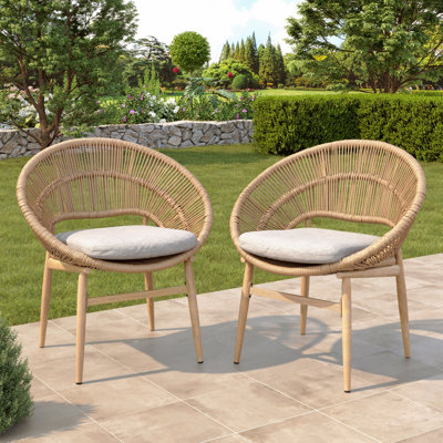 Set of 2 Rustic-Modern Wicker Outdoor Patio Chairs with Cushions