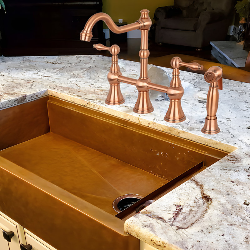 Brass Heritage Bridge Kitchen Faucet with Side Spray 2 Handles, Copper