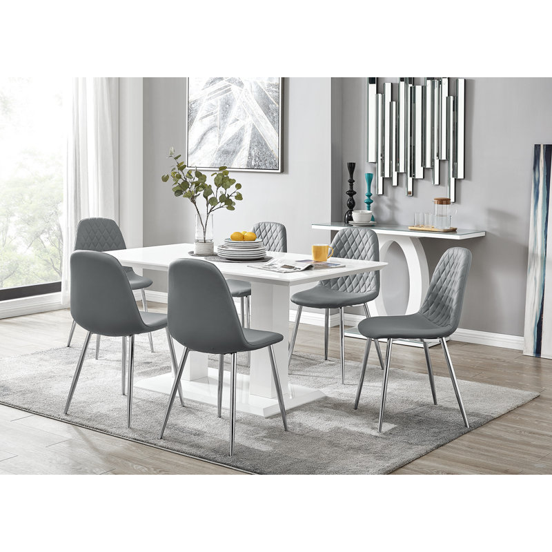Edzard Double Pedestal High Gloss Dining Table Set with 6 Luxury Faux Leather Dining Chairs, Elephant Grey