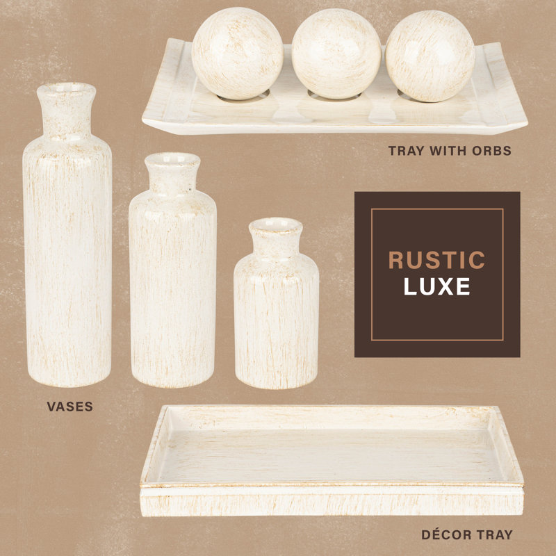 Rustic Luxe Off-White Plastic Decorative Tray and Orbs Set