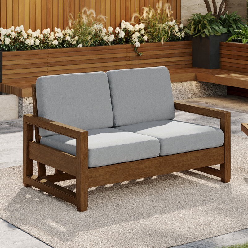 Gustina Solid Wood Teak Outdoor Loveseat With Cushion And Arms, Light Gray, Natural Wood