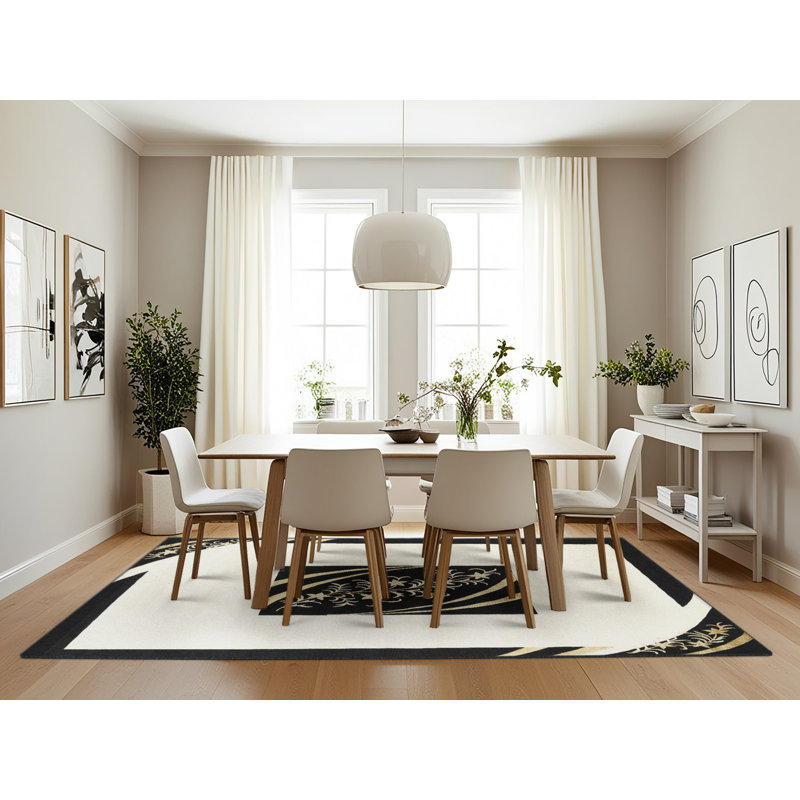 Tapis de zone noir/crème contemporaine, Rectangle 7 pi x 10 pi