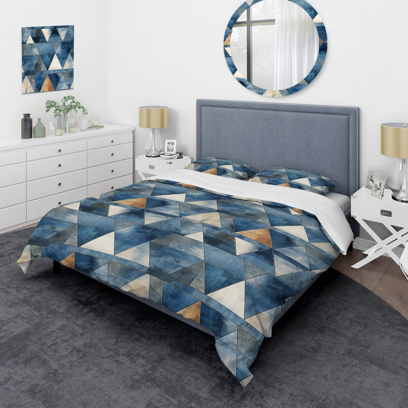 Rustic Cobalt Triangle Symphony Geometric Shapes Duvet Cover, Queen Duvet Cover + 2 Standard Shams