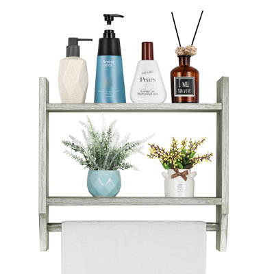 Porte-serviettes mural en bois 2 niveaux avec porte-serviettes suspendu gris et blanc
