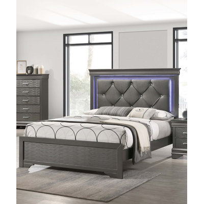 Tête de lit capitonnée en similicuir gris foncé avec grand lit 1 pièce et meubles de chambre à coucher à DEL gris et bois massif FB