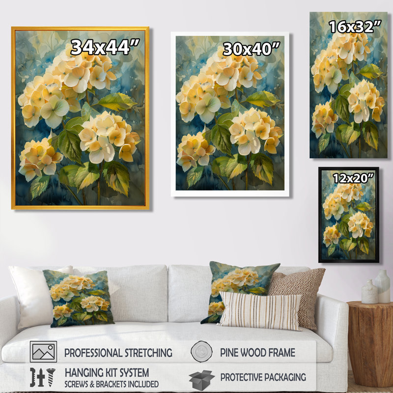 Jaune et vert, délicates pétales d'hortensia - impression d'art mural hortensia, H 12 po x l 20 po, Encadrement argenté