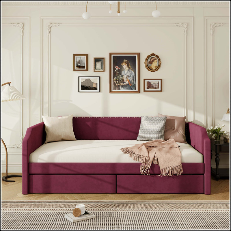 Lit de jour simple en velours avec 2 tiroirs, Vin rouge