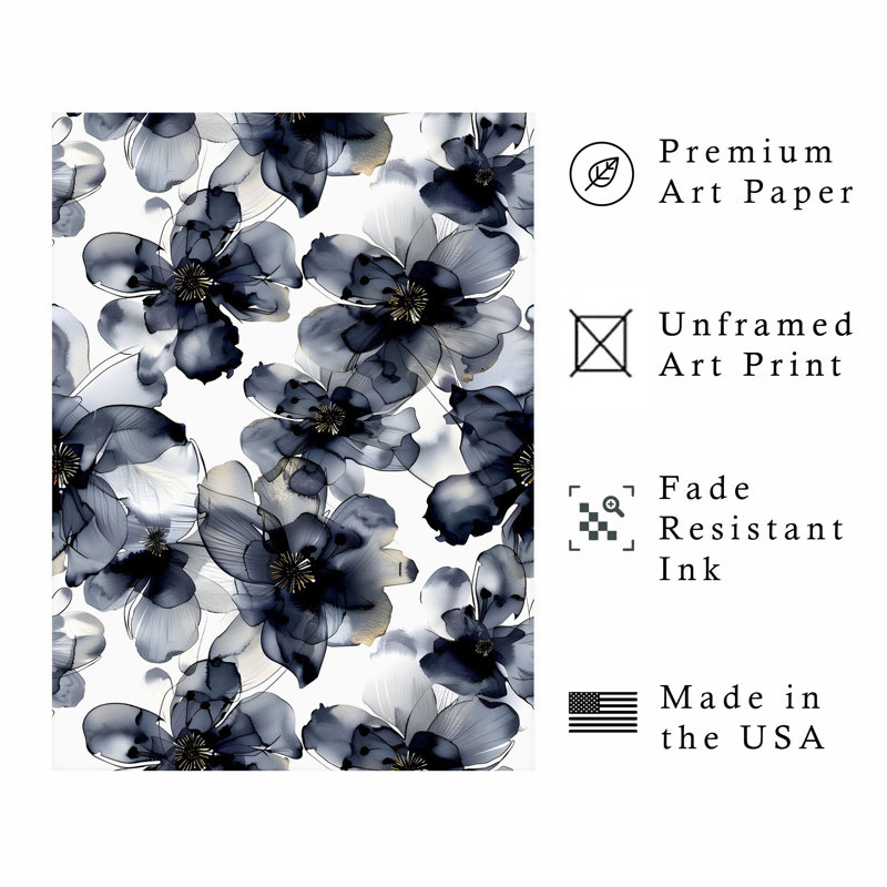 Impression florale noire et blanche, H 14 po x l 11 po