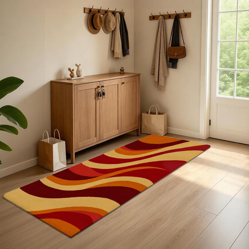 Tapis de couloir de cuisine moderne et abstrait, motif de vagues rétro rouge-orange et jaune, long tapis antidérapant pour la cuisine, le couloir, la salle de lavage et le vestibule