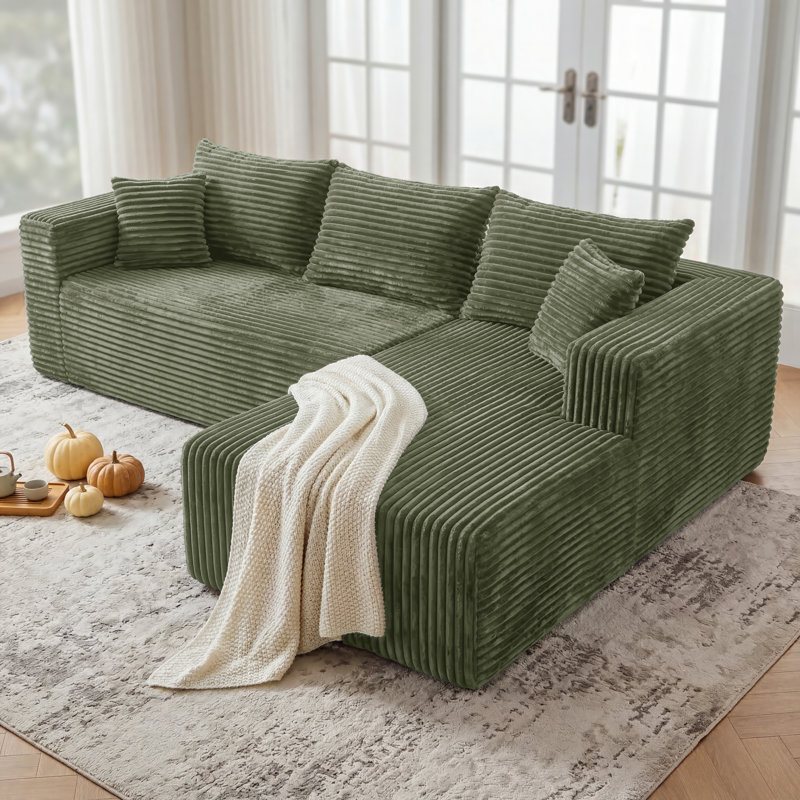 Modular Sectional Couch Corduroy Compression Sofa With Pocket Spring, Modern Deep Seat Convertible Sleeper Sofa Bed，Upholstered Couches For Living Room Green