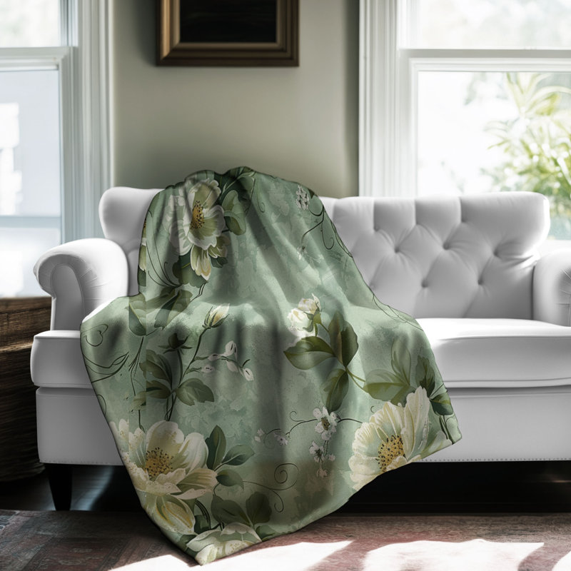 Art floral vert délavé - couverture en sherpa de qualité supérieure 1 pièce, Lit simple