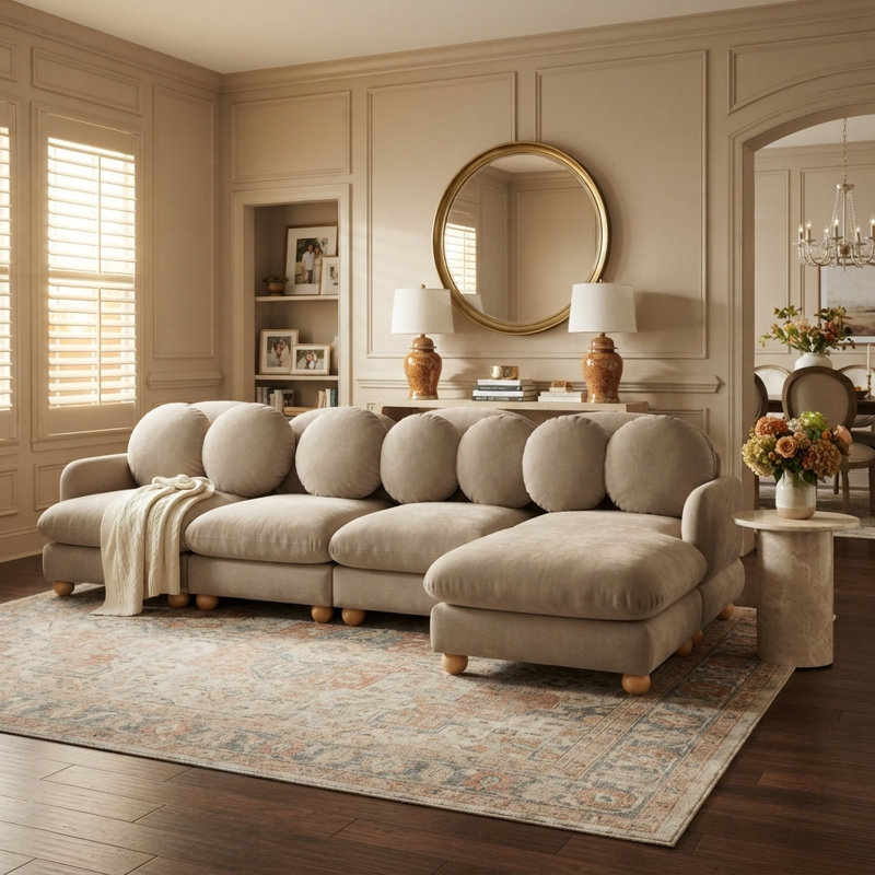 Ensemble de canapés modulaires 4 places en chenille avec pouf, assises profondes et coussins de dossier ronds, taupe chaud