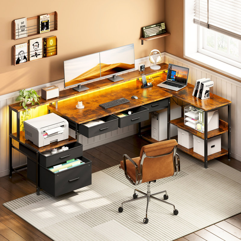L-shaped Desk With Under-desk Drawers,computer Desk With Cabinet ,reversible Desk Power Sockets & Led Light Strips,home Office Desk With Monitor Stand